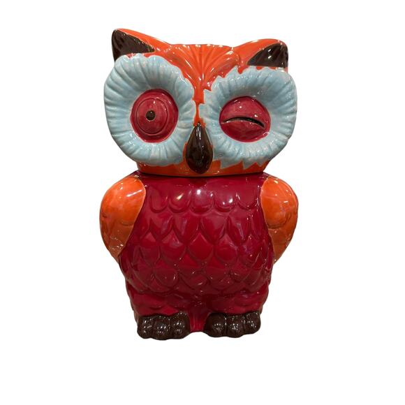 Owl Cookie Jar Winking Cute Ceramic Red/Orange 10.5" Tall